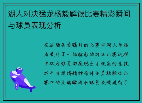 湖人对决猛龙杨毅解读比赛精彩瞬间与球员表现分析